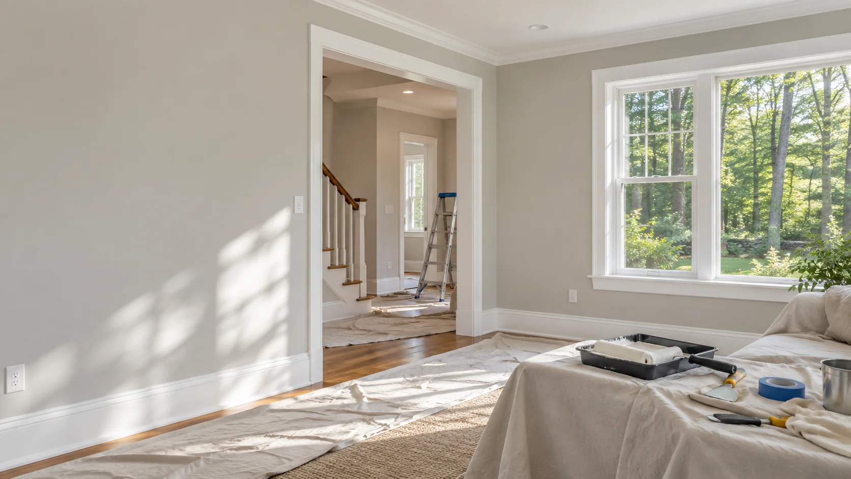 Bedford, MA interior with prepared walls and a fresh paint finish.