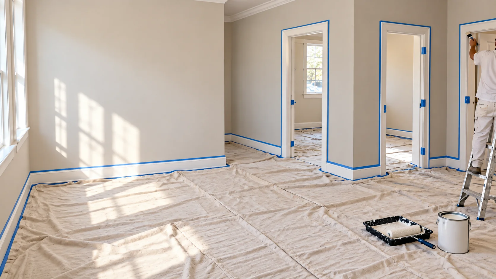Residential interior in Gloucester, MA with walls and trim protected during painting.
