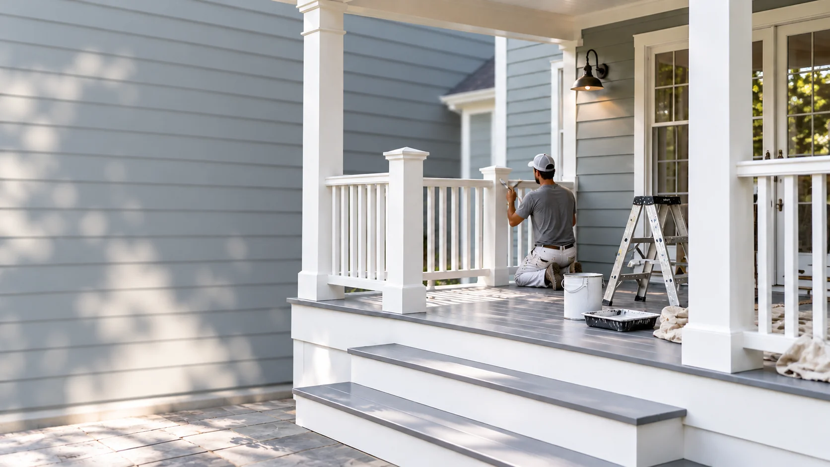 Residential porch in Manchester, MA with renewed wood and a protective finish.