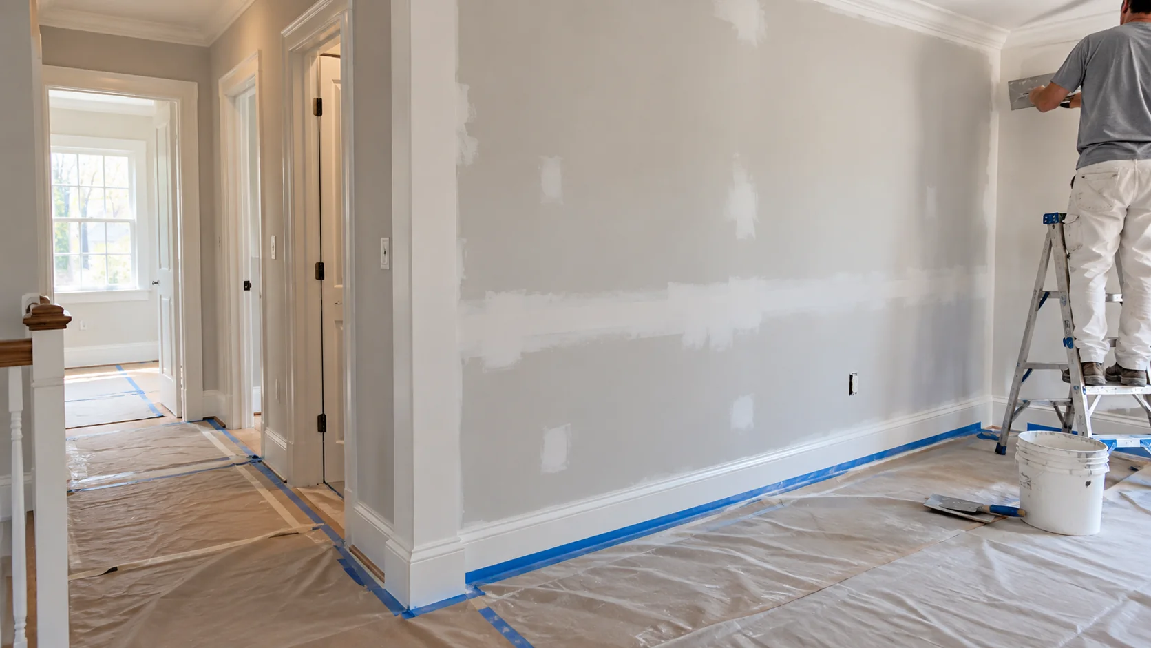 Residential interior in Marblehead, MA with drywall repair and freshly painted walls.